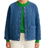 Nouvelle conception, veste matelassée pour femme, aspect denim, col rond, fermeture à boutons-pression, poches plaquées, vêtements d'extérieur décontractés, vente en gros