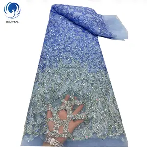 Robe de soirée de luxe africaine, bleu océan perlé paillettes maille dentelle pour robe de soirée ML1N2848