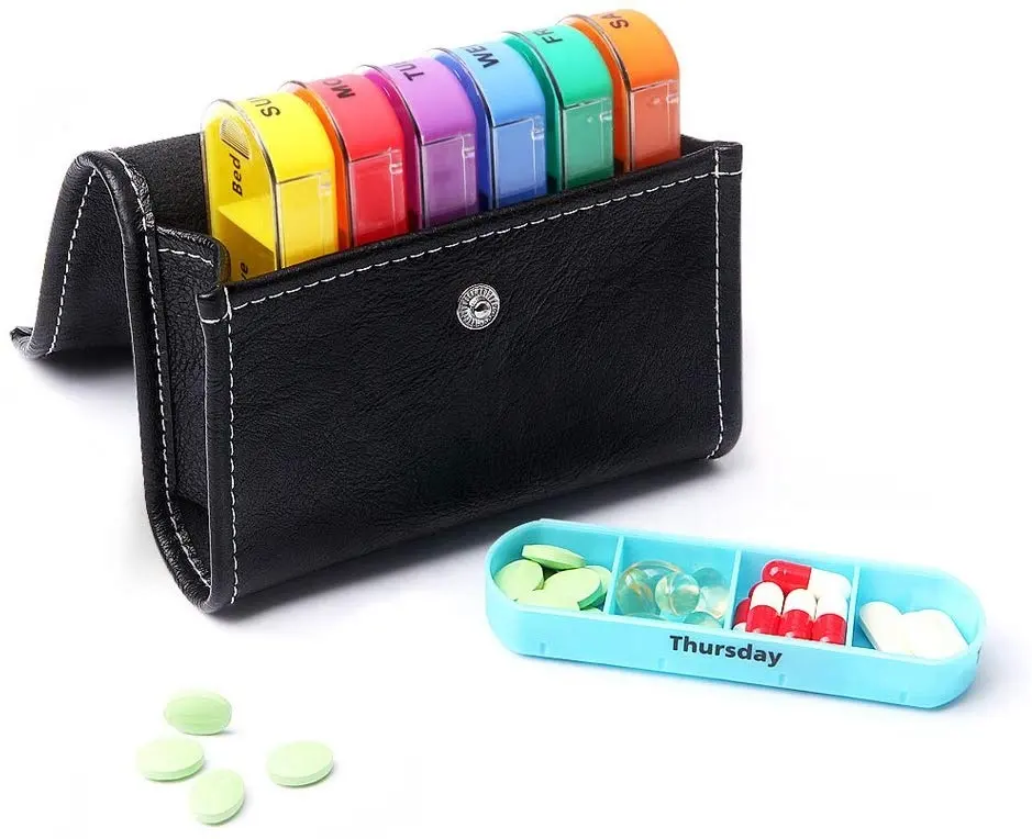 Zwart Lederen Pu Reizen Medicatie Opslag 7 Dag Plastic Draagbare Compartimenten Pill Organizer Box