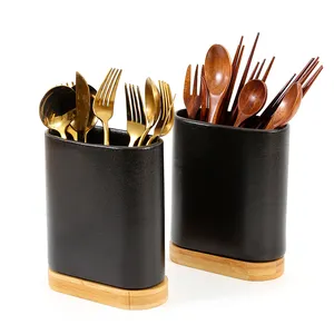 Modern Custom Frosted Matte Black Utensil Crock Kitchen Countertop Decor Large Ceramic Utensil Holder with Bamboo Tray