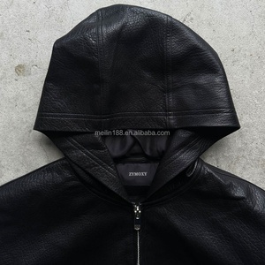 Luxury Custom <b>Pullover</b> Leather Hoodies <b>Jackets</b> for <b>Men</b> Oversized Heavyweight Boxy Coat High Quality Leather Hoodie Manufacturers - Product Image 2