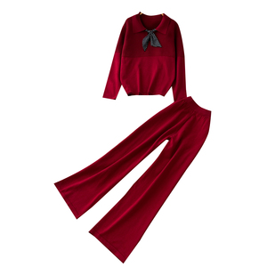 Conjuntos de 2 Piezas de Punto para <span class=keywords><strong>Mujer</strong></span>, Top de Manga Larga con Cuello y Detalle de Lazo, Pantalones Anchos de Cintura Alta, Atuendos Casuales para Otoño y Uso Diario - Product Image 5