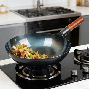 Round Bottom Wok Non-Stick For Gas <b>Stoves</b> Home Use With Wooden Handle - Product Image 3