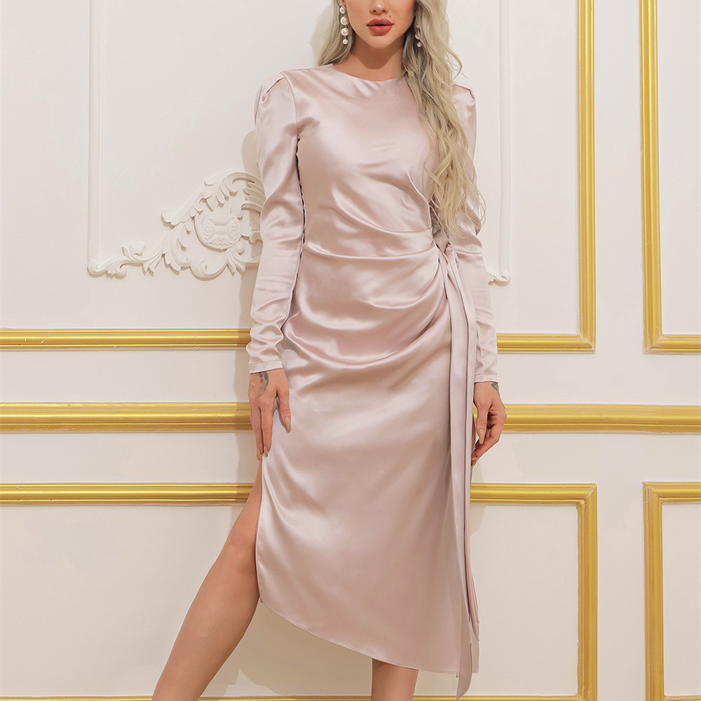 nude winter dress Autumn and Sexy Satin Elegant Women's Round Neck Long Sleeved Slit Hip Wrap Dress 70% polyester vacation style Boho rayon kaftan dress Size:38S Coat
