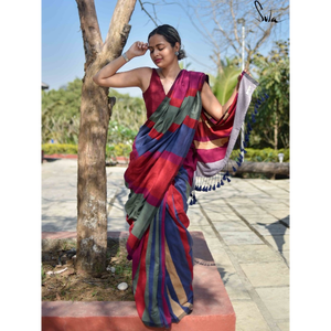 Sarees de Algodón Khadi de la Mejor Calidad con Bordado de Barra de Color y Borlas (Con Blusa), para Oficina/Uso Diario y Fiestas - Product Image 6