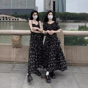 Black Floral Print Dress Women 2025 Summer French Style Puff Sleeve Elastic Waist Long Princess Dress With Slit Daily Wear - Product Image 2