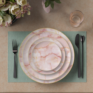 Juego de <span class=keywords><strong>vajilla</strong></span> de cerámica ecológica de lujo, platos de cena redondos con patrón de mármol blanco rosa, platos para alquilar - Product Image 6