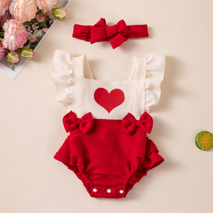 Friendly <b>Baby</b> Girl Ruffle Romper With <b>Headband</b> Heart Print Outfit for Toddler Daily Party Wear - Product Image 2