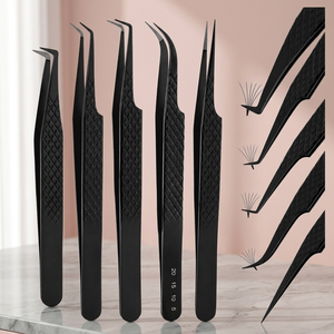 Lot de 5 pinces à cils noires en acier inoxydable, à pointe incurvée et droite de précision, pour extensions de cils, volume et isolation, outils de beauté - Product Image 2