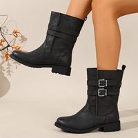 Bottes mi-mollet décontractées pour femme, style motard, à enfiler, avec double boucle métallique, bout rond, talon carré bas, tige en PU, doublure en maille, collection automne