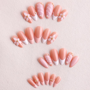 <span class=keywords><strong>Uñas</strong></span> postizas de alta calidad con diseño de almendra, <span class=keywords><strong>largas</strong></span>, con relieve floral, efecto de onda de agua tridimensional, <span class=keywords><strong>manicura</strong></span> <span class=keywords><strong>francesa</strong></span> sencilla. - Product Image 4