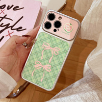 Coque de téléphone compatible Green Grid Pink Bow Tie à changement instantané pour iPhone 17, coque antichute pour iPhone 16 avec grande fenêtre de visualisation et protection adhésive
