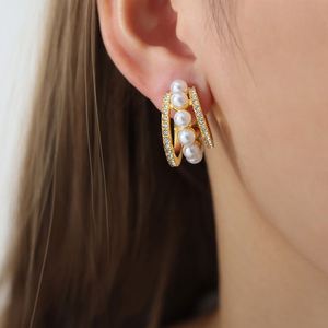 Pendientes de Moda 2023 de Lujo, Chapados en Oro de 18K, Forma de CC, con Cristal, Estilo Veraniego, con Perlas de Agua Dulce, para Mujer - Product Image 1