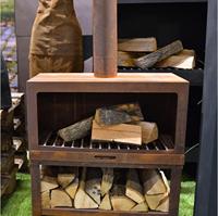 Chimenea Exterior de Acero Corten de Alta Calidad con Estructura KD, Chimenea de Leña con Almacenamiento de Troncos