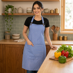Tablier en coton de qualité supérieure |   Tablier à bretelles rayé bleu et blanc avec grande poche avant |   Tablier de cuisine réglable pour la maison - Product Image 4