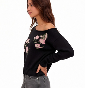 Maglione Pullover da Donna <span class=keywords><strong>con</strong></span> Spalle Scoperte e Motivo Floreale Intarsiato 2027 - Product Image 2