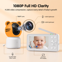 Moniteur bébé intelligent WiFi HC C7 1080P avec écran IPS 4,5 pouces, batterie 3000 mAh, détection de pleurs et de mouvements, alarme d'alimentation, audio bidirectionnel, carte TF 128 Go