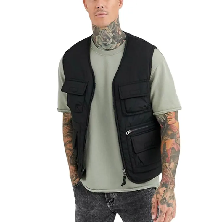 Gilet matelassé pour homme, Design personnalisé, poches utilitaires noires, fermeture éclair, Cargo, vente en gros