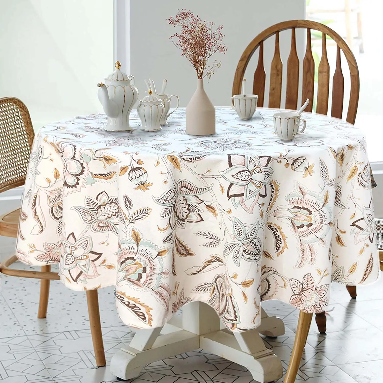Özel baskı masa örtüleri yuvarlak düğün fildişi masa örtüsü baskı pamuklu kumaş çiçek Polyester tasarımlar 147cmr dokuma Modern