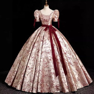 Evening Gown Ball Gown Floral Print Square Collar Claret Polyester Reunion Party Dress - Product Image 1