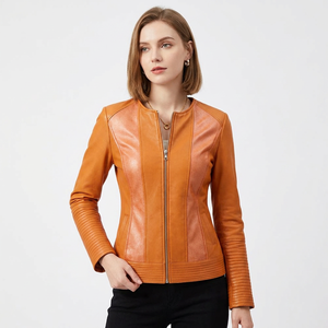 Veste contemporaine en cuir de vache véritable double face orange, imperméable, coupe-vent, écologique, coupe ajustée, automne-hiver - Product Image 1