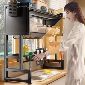 二層式炭素鋼製モダンミニマリストキッチンラック、カウンター天板食器水切り収納棚、フリップトップキャビネット扉付き - Product Image 4