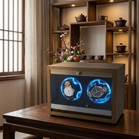 Boîte à remontoir automatique de luxe à 2 emplacements, en bois MDF avec intérieur en ABS, présentoir double pour montres avec éclairage LED bleu