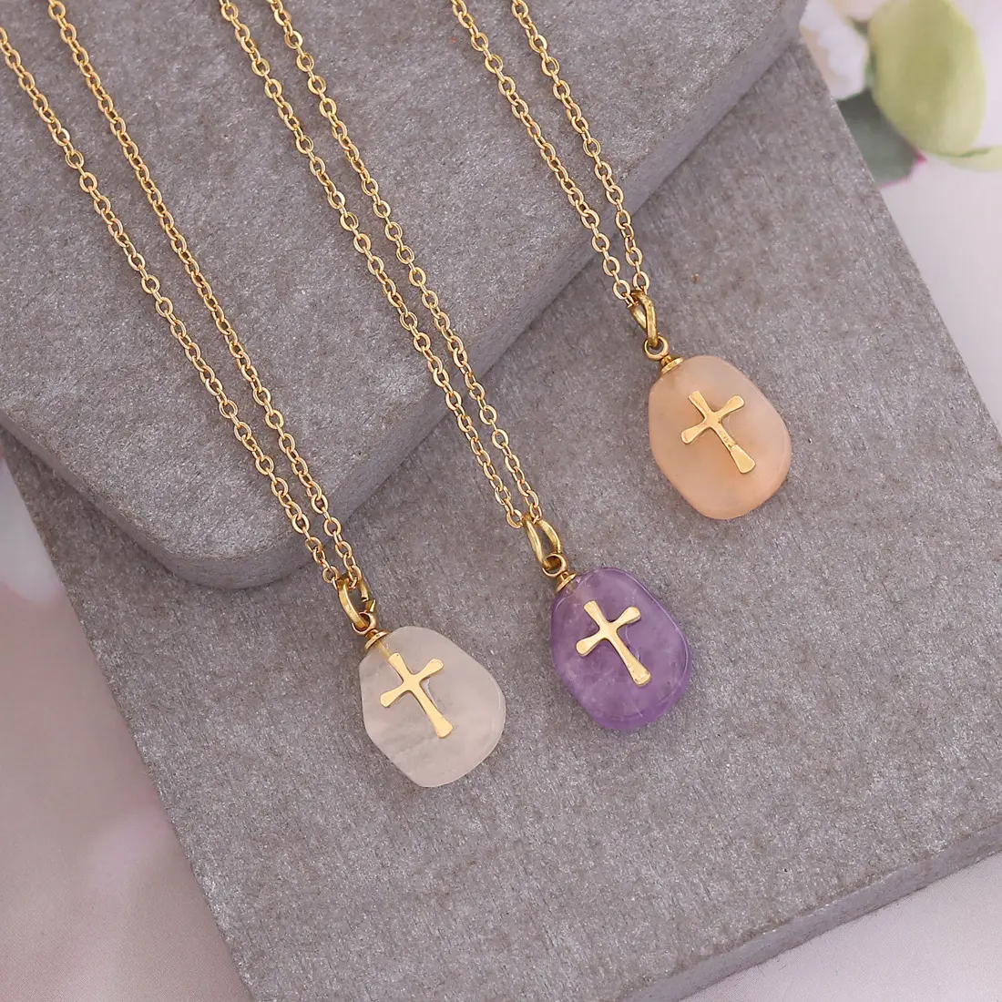 New High Quality Natural Stone Amethyst Necklace Quartz 18k Gold PVD Plated Stainless Steel Chain Cross Necklace