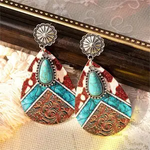 Bohemian Women Fashion Aztec Earrings Western Leopard Printed Leather Turquoise Teardrop Earrings