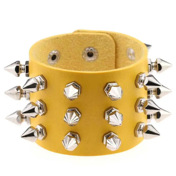 Pulseira punk retrô com três linhas, rebites multicoloridos, bracelete largo de couro para mulheres e homens