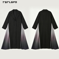 Robe longue élégante et modeste pour femme, style abaya noire, col à revers, coupe blazer, avec panneau plissé dégradé à l'ourlet et manches longues, pour la mode musulmane.