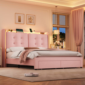 <span class=keywords><strong>Base</strong></span> de Cama <span class=keywords><strong>Tapizada</strong></span> Kainice de Diseño Moderno, Tamaño Queen, Color Rosa Suave, con 2 Ruedas, Cajones, Cabecera Baja con Luces LED - Product Image 3