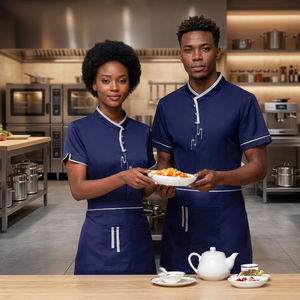 Conjunto de Uniforme de Chef Unisex de Manga Larga, Camisa y Delantal Azul con Ribete Blanco para Camareros, Ropa de Hostelería - Product Image 3