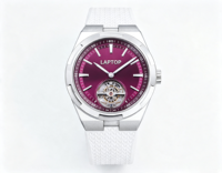 Montre de luxe haut de gamme pour hommes d'affaires, tourbillon, cadran en cristal saphir rouge vin, bracelet en acier inoxydable, réserve de marche automatique