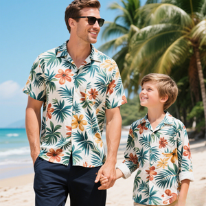 カスタムロゴデザイン昇華プリントビーチウェア速乾性親子ボタンダウンカラーサマーシャツメンズハワイアンシャツ - Product Image 1