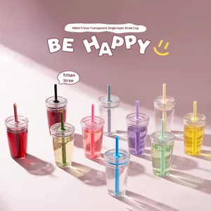 2025 nuevo vaso de pajita de plástico Tritan de una sola capa de 450mL de transfronterizo, vasos de dulces multicolores para fiesta para té con leche - Product Image 2