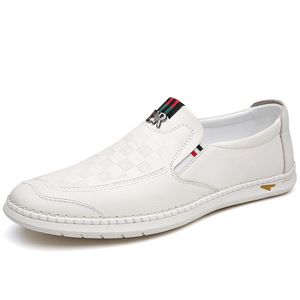 White Men's Loafers Slip-On Round Toe Genuine Leather Breathable <b>Rubber</b> Sole Casual Shoes - Product Image 5