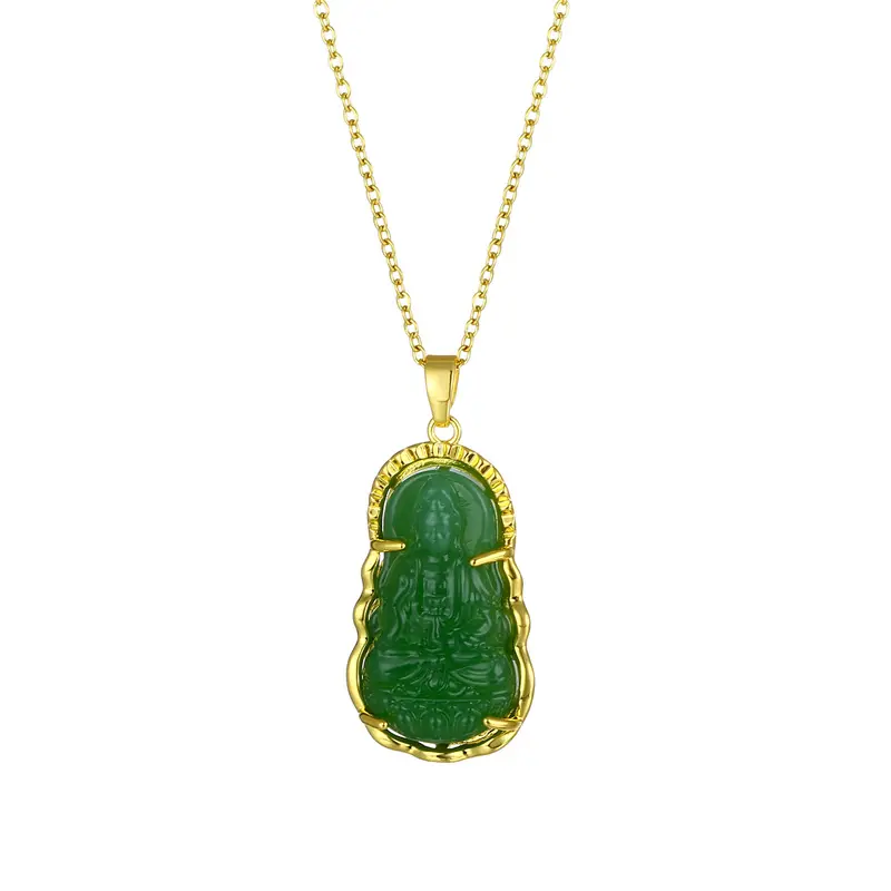 Messia titanium steel inlaid green Guanyin bodhisattva men women jewelry jade buddha pendant necklace