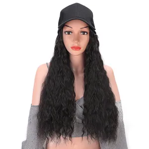 Aisi头发棒球帽与水波头发扩展黑色帽子与长合成头发扩展女孩容易穿