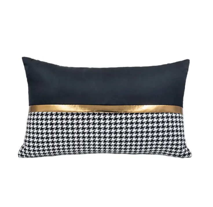 Black White Houndstooth Sofa Decorative Pillow Covers Swallow Gird Throw Pillowcase Black Gold PU Leather Patchwork Pillow cover