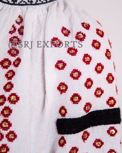 Women Bohemian Embroidered Organza Blouse Bow Collar <b>Balloon</b> Sleeves <b>White</b> Red Floral Print Loose Fit 100% Polyester Summer Wear - Product Image 3