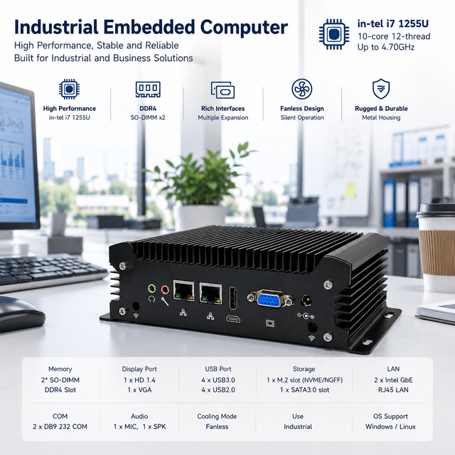 Industrial Computer MiniPC Intel Core I7-1255U 10-Core Support 32GB DDR5 SSD 4*USB Port 2*RJ45 Giga LAN HD+VGA Win11/Linux
