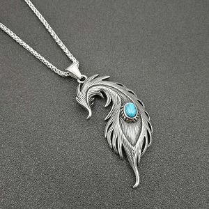 Collier avec pendentif plume en acier inoxydable avec pierre turquoise, bijoux de mode unisexe - Product Image 4