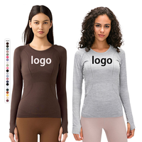 Kaos Olahraga Wanita Tanpa Jahitan Lengan Panjang Bergaris Bernapas Ketat, Atasan Yoga Cepat Kering, Nyaman Seperti Tanpa Busana, Pakaian Aktif untuk Gym