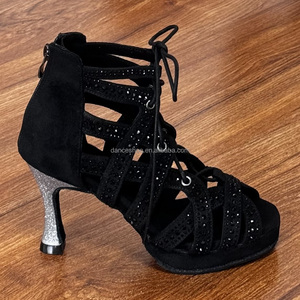 Chaussures de danse latine en daim noir LUOQIAO S021 avec strass, talons brillants pour <span class=keywords><strong>salsa</strong></span>/bachata, lacets, bottes de jazz pour femmes - Product Image 5