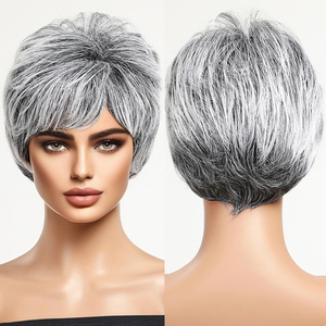 Grigio nero nonna capelli corti Pixie Bob sintetica parrucca a strati frangia resistente alle alte Temperature in fibra reale foto - Product Image 1