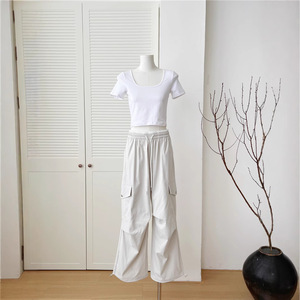 Pantaloni <span class=keywords><strong>Cargo</strong></span> blu da <span class=keywords><strong>donna</strong></span> 2025 estivi sottili stile americano sport paracadutista ad asciugatura rapida Casual pantaloni elasticizzati vita alta a metà piatto - Product Image 3