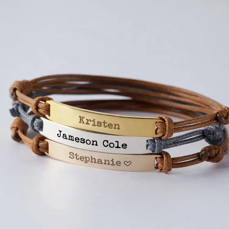 Pulseira personalizada com logo, bracelete de aço inoxidável prata 18k dourado, retangular, de estampagem, de barra, macrame