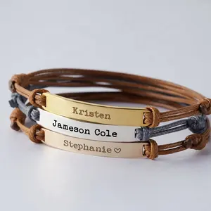 Pulseira personalizada com logo, bracelete de aço inoxidável prata 18k dourado, retangular, de estampagem, de barra, macrame