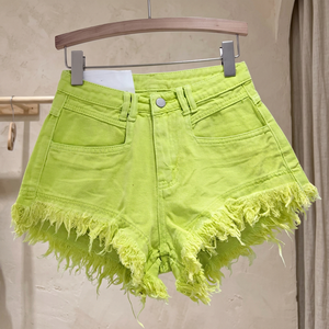 Shorts en jean vert fluo taille haute pour femme avec ourlet effiloché, style décontracté, en toile, cinq poches, respirant, coupe régulière - Product Image 2